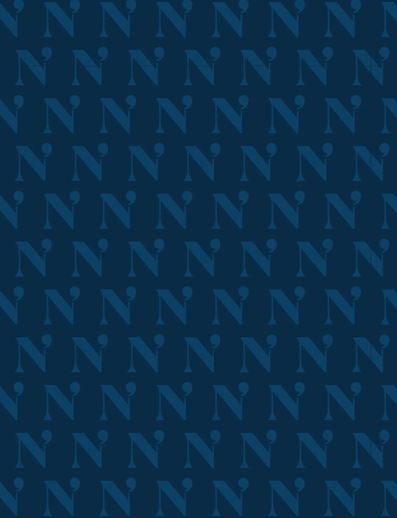 Pattern of blue N' symbols with commas on a darker blue background.