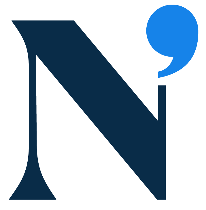 Nick Saunders Icon - A stylized letter 'N' with a blue quotation mark at the top right corner.