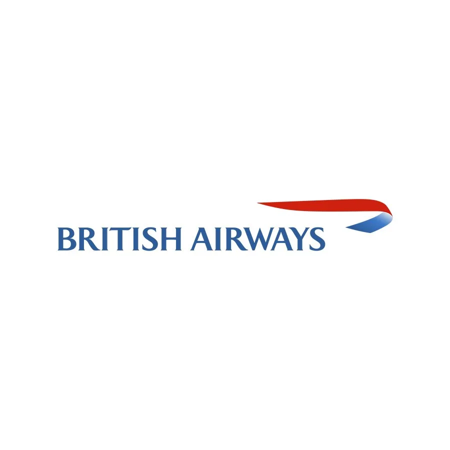 British Airways logo with white background, featuring red and blue stylized tail design and blue text.