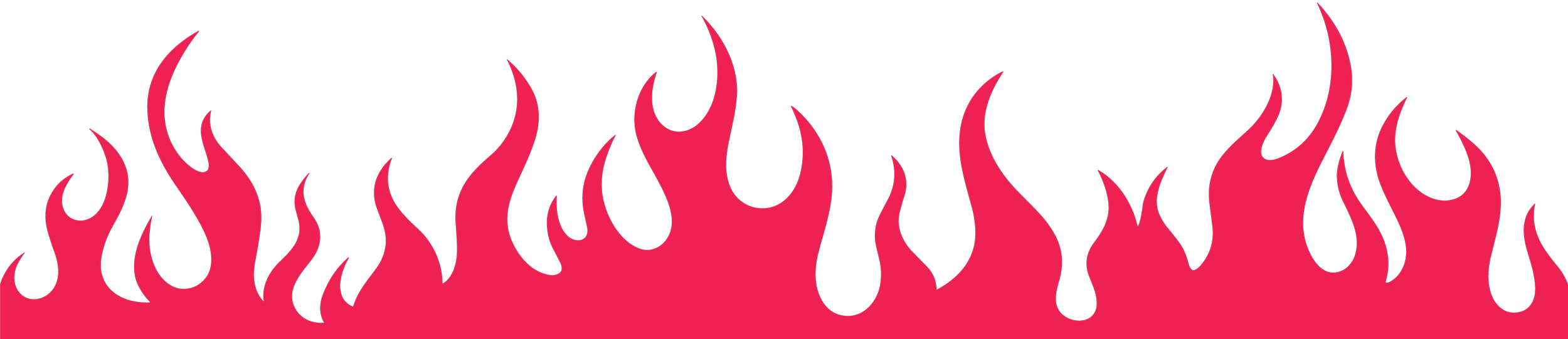 Black background with pink flames at the bottom.