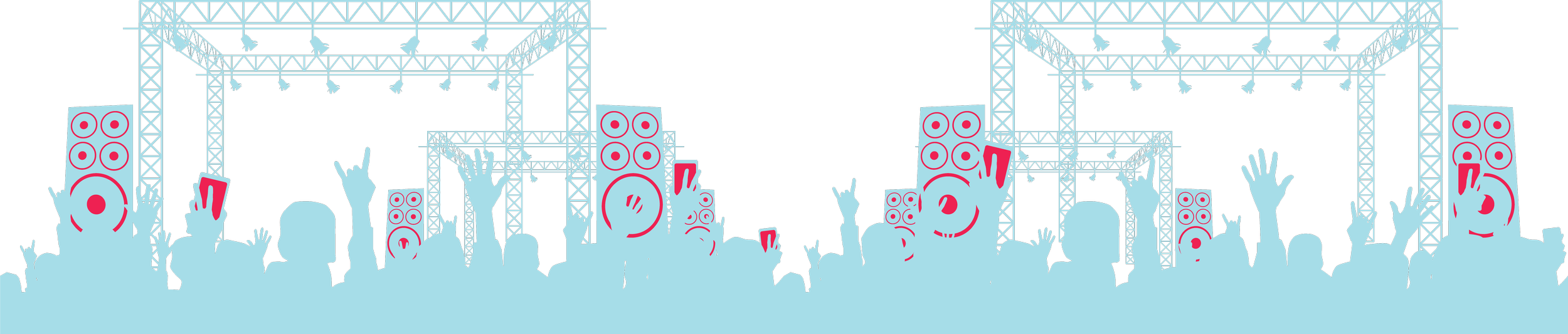 Silhouette of a concert crowd with hands raised, large speakers, and stage lighting above, all in a light blue and pink color scheme.