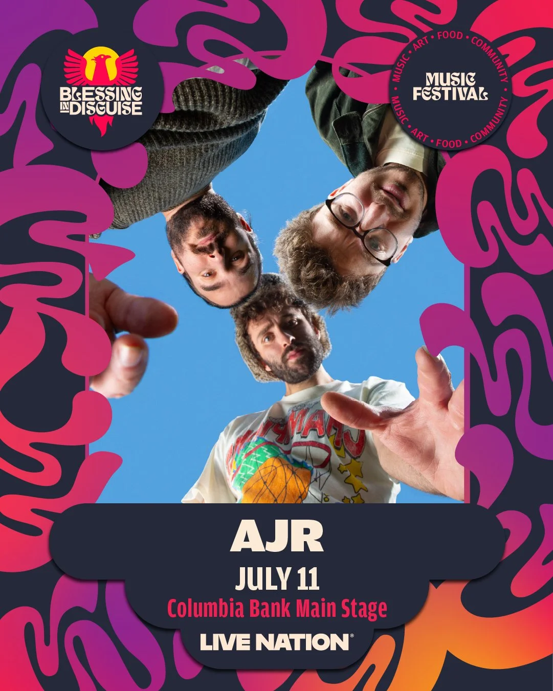 Three men looking down towards the camera, framing the sky with their heads, promoting the AJR concert on July 11 at Columbia Bank Main Stage, part of the Live Nation events, with a colorful, wavy patterned border and logos for Blessing in Disguise and Music Festivals.