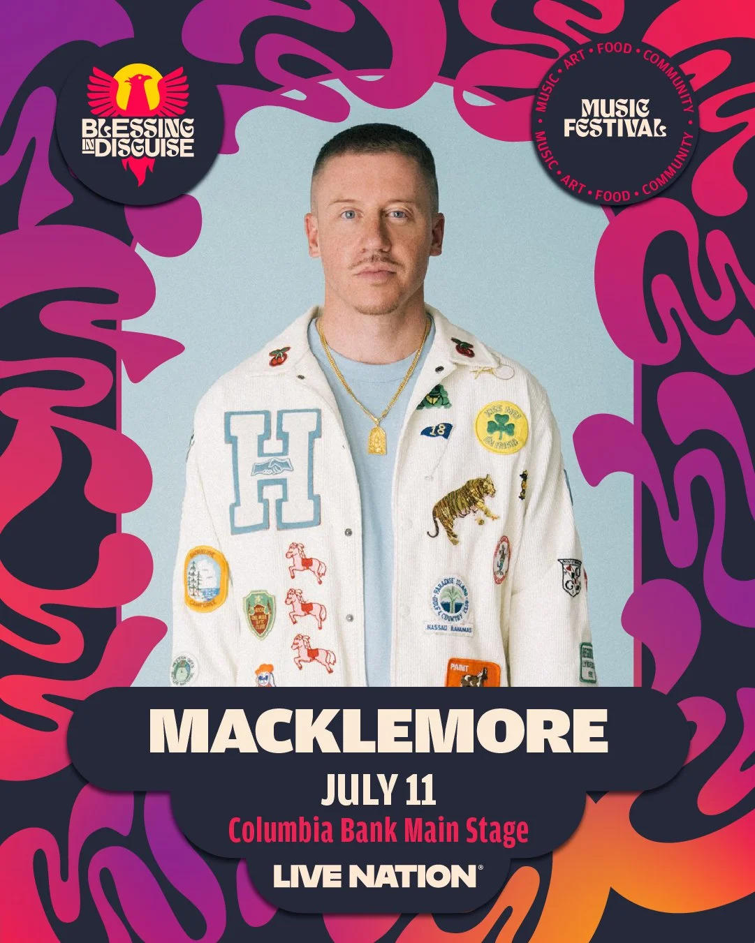 Promotional poster for Macklemore's concert on July 11 at Columbia Bank Main Stage, featuring a portrait of Macklemore against a colorful, abstract background, with event details and logos for Blessing in Disguise and Music Festivals.