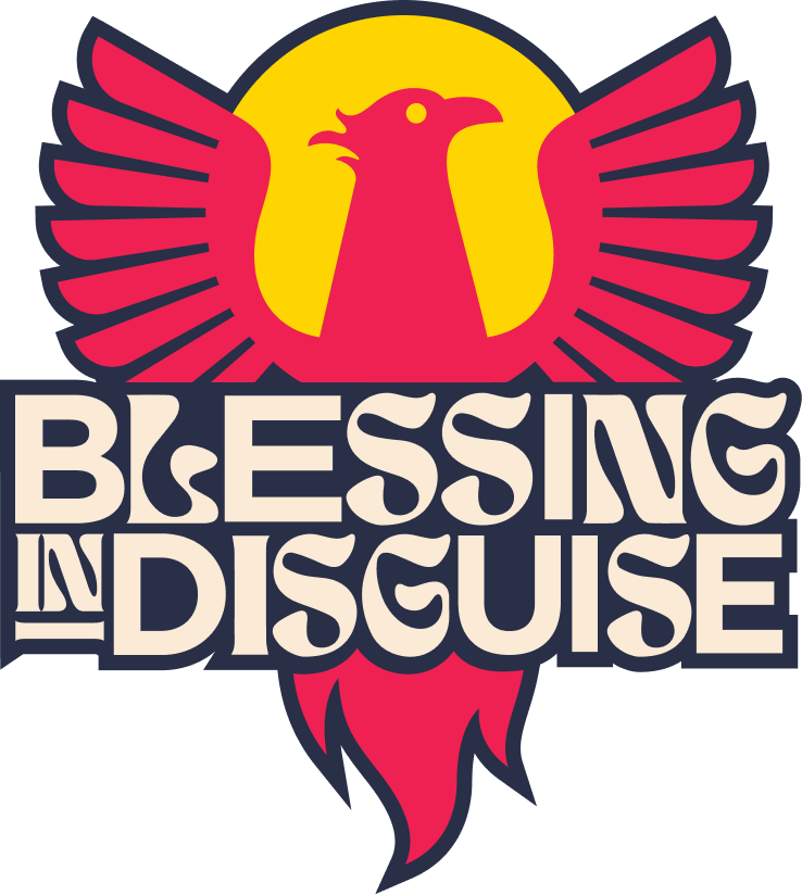 A stylized emblem featuring a red bird with outstretched wings and a yellow circle behind it, with the text 'Blessing in Disguise' in bold, stylized font in front.