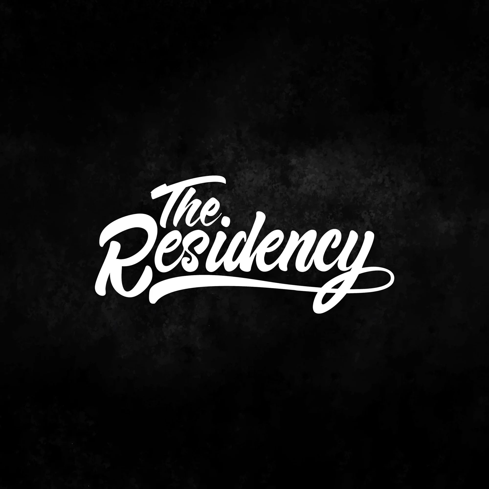 Logo for The Residency in white cursive text on a black background.