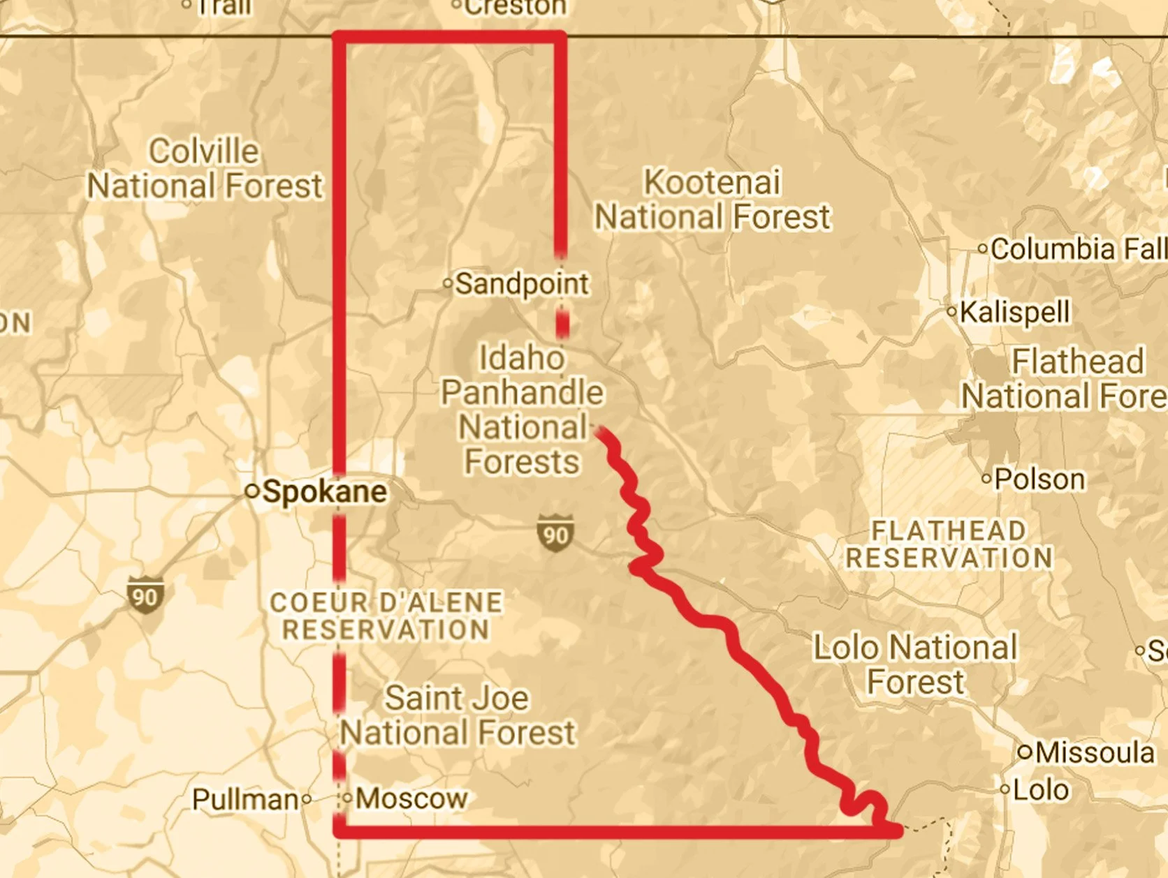 Map of Idaho showing a red path circling the panhandle northwest