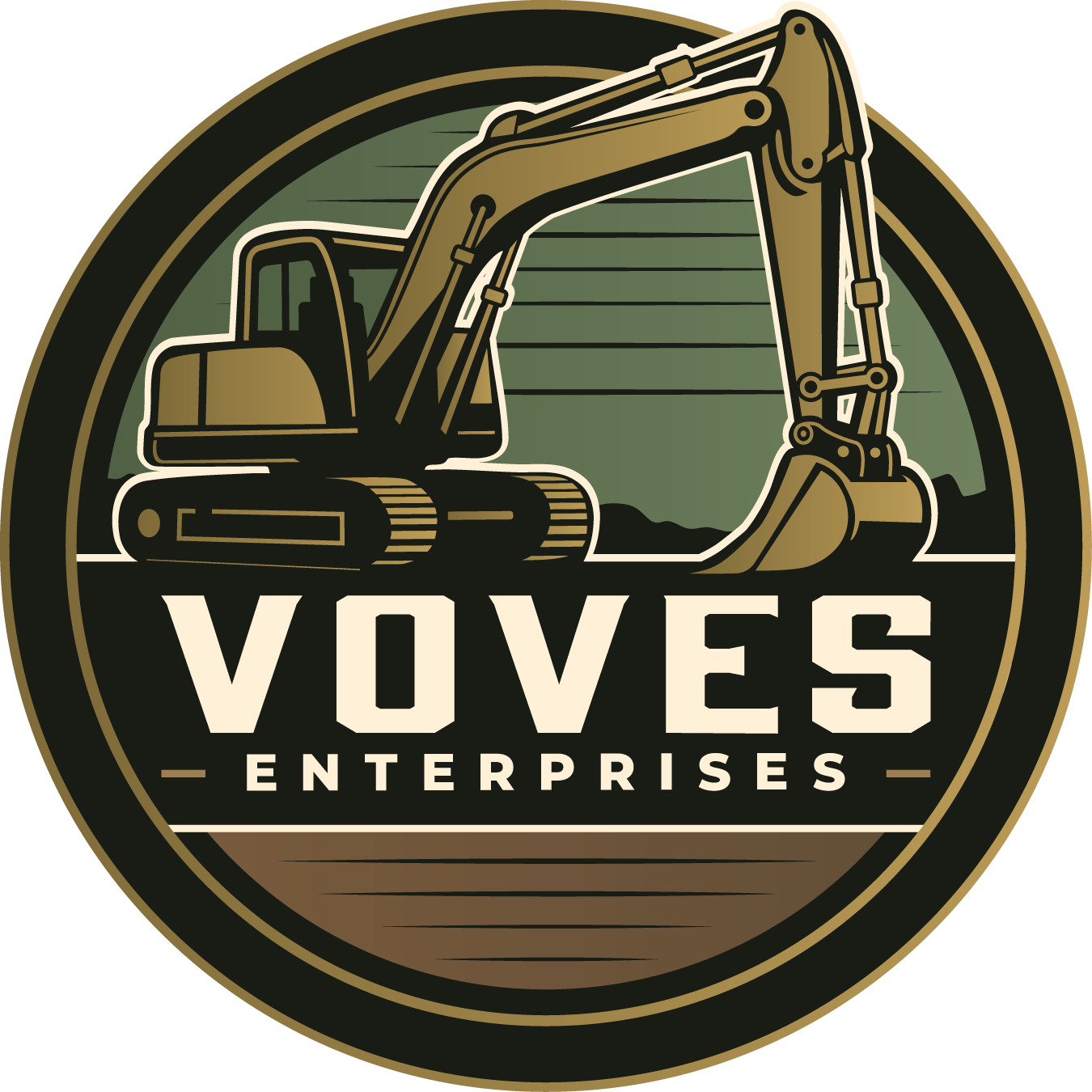 Voves Enterprises logo featuring an excavator illustration with a green and brown background.