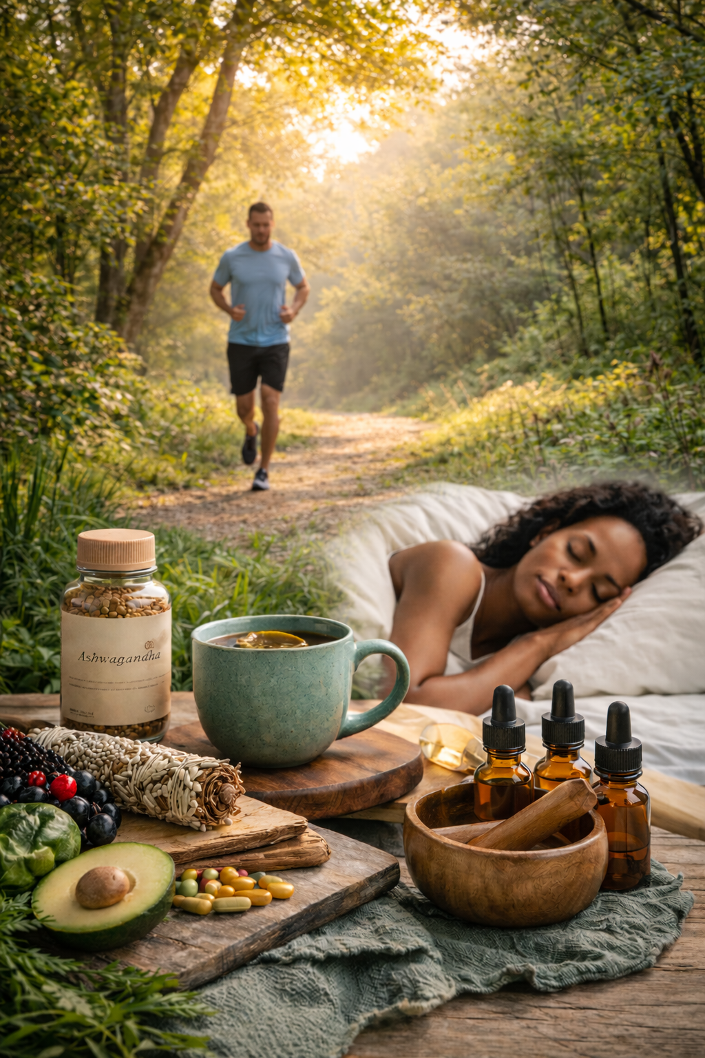 A woman sleeping outdoors with wellness items on a wooden table, including herbal supplements, a cup of tea, berries, an avocado, essential oils, and a mortar and pestle. In the background, a man is running on a forest trail during sunset.