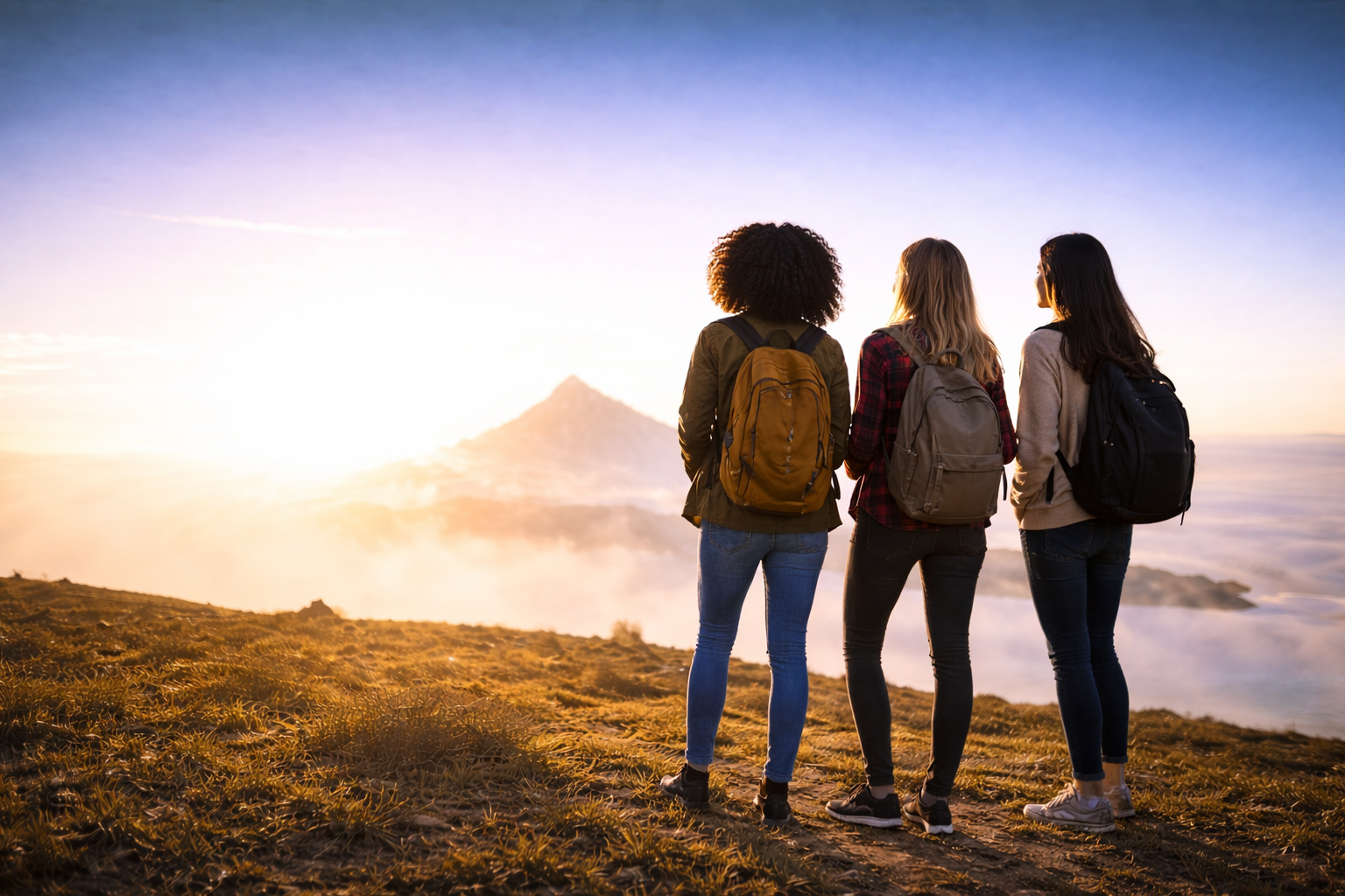 Three women with backpacks standing on a mountain at sunrise, looking at a distant volcano.