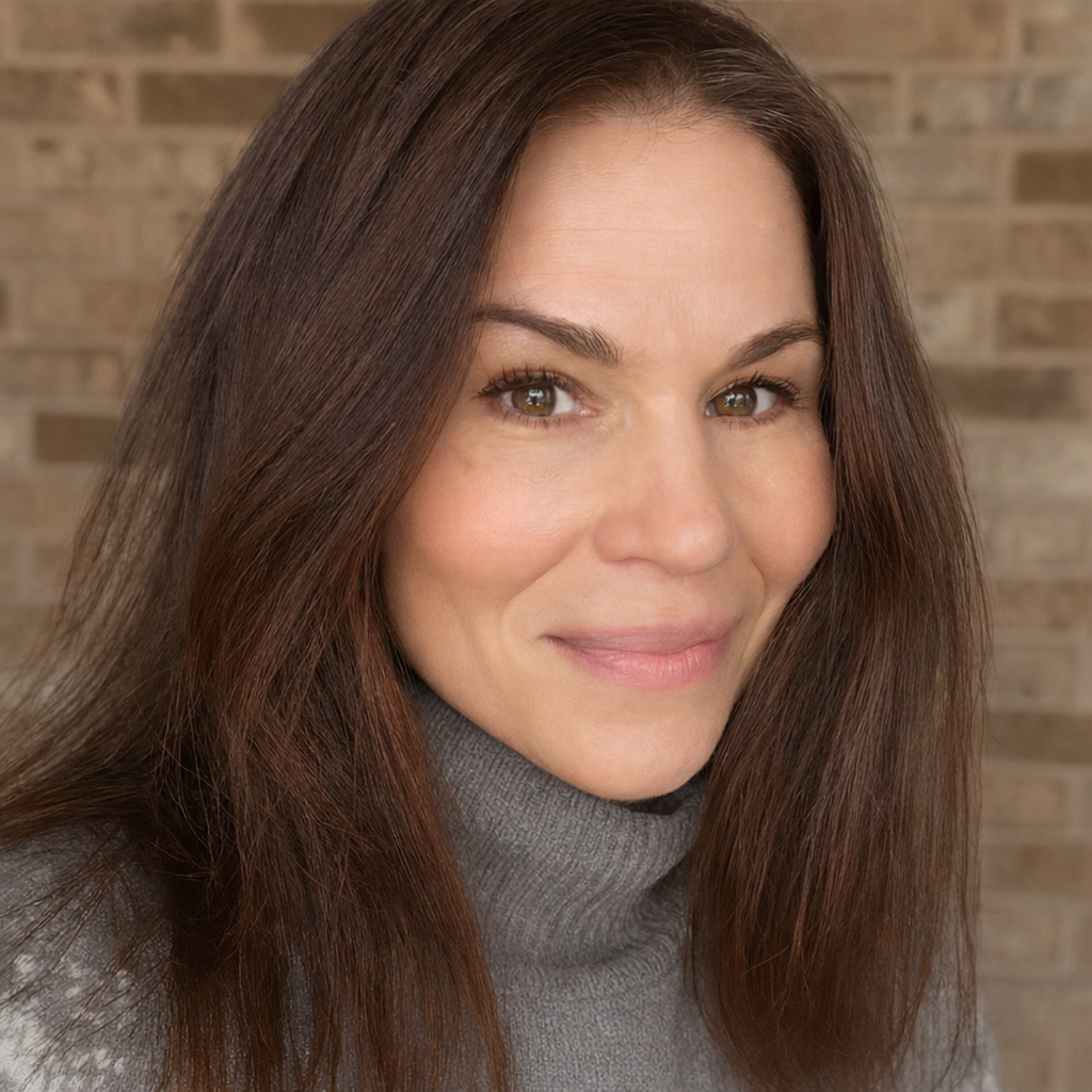 Close-up of a woman with long brown hair, wearing a gray turtleneck sweater, smiling gently, with a brick wall in the background.