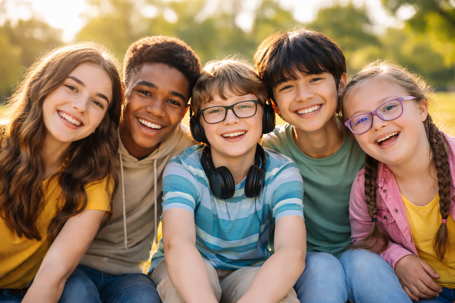 Group of five diverse children smiling outdoors in a park with green trees and sunlight.