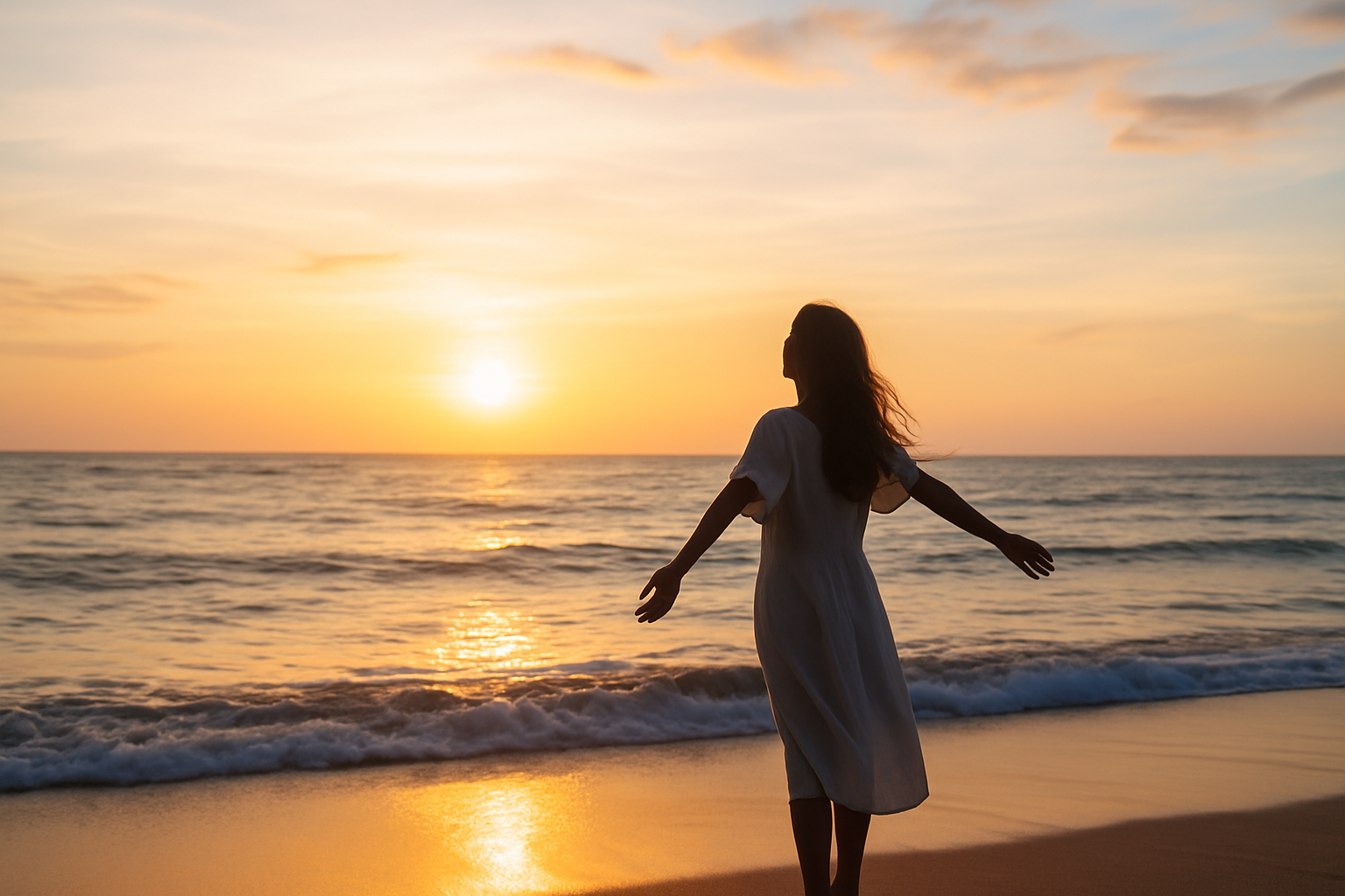 A woman in a white dress with arms outstretched, standing on a beach during sunset, with the sun low on the horizon and reflecting on the water.