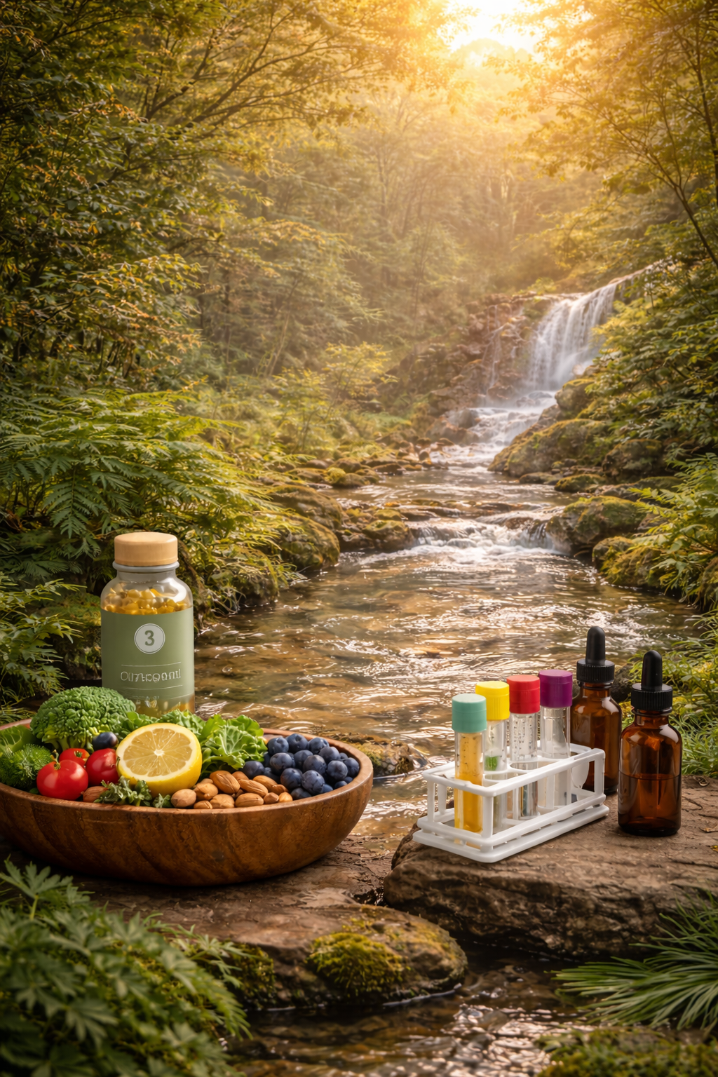 A stream flowing through a forest with a waterfall in the background, with supplements, fruits, and test tubes in the foreground.