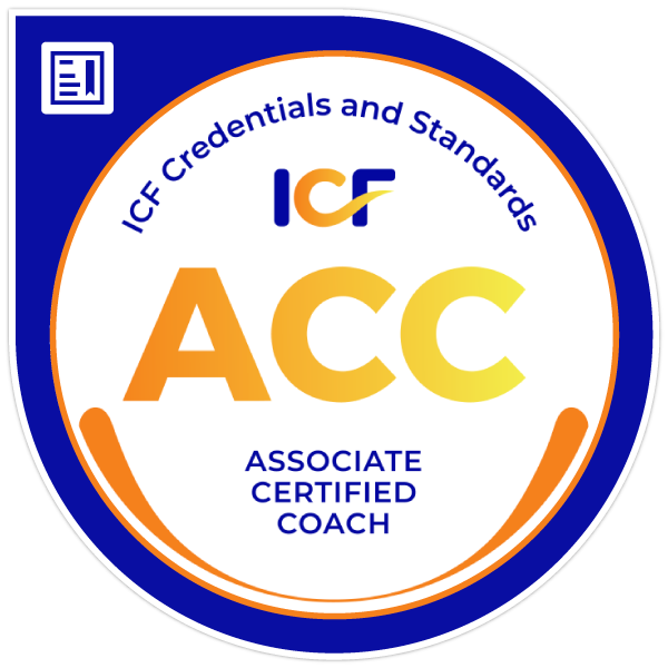 Badge for ICF Associate Certified Coach with blue, white, yellow, and orange colors, indicating credentials based on ICF standards.