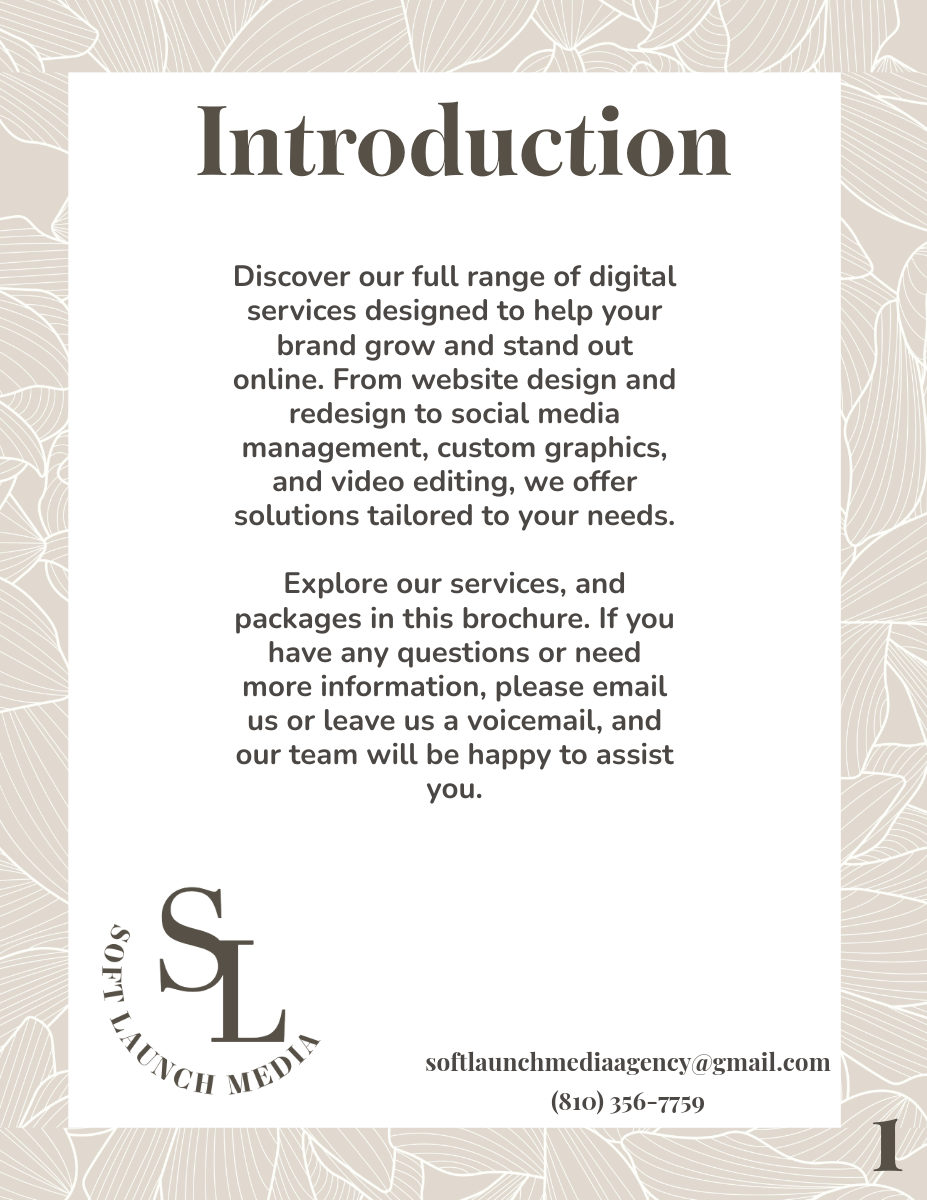 A brochure page with an introduction message for a digital media company called Soft Launch Media, featuring contact information and a decorative leaf pattern background.