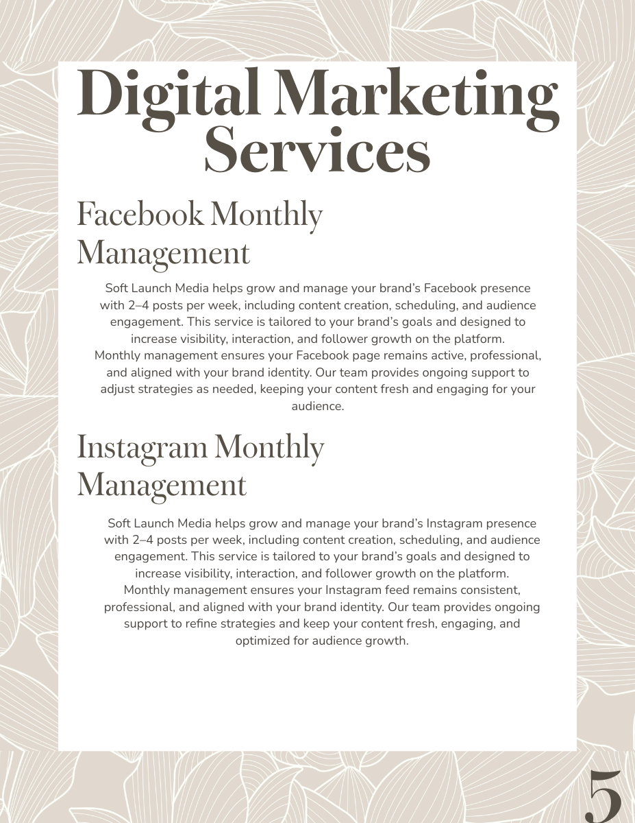 Poster advertising digital marketing services including Facebook and Instagram management packages with prices, descriptions of service features, and support details.