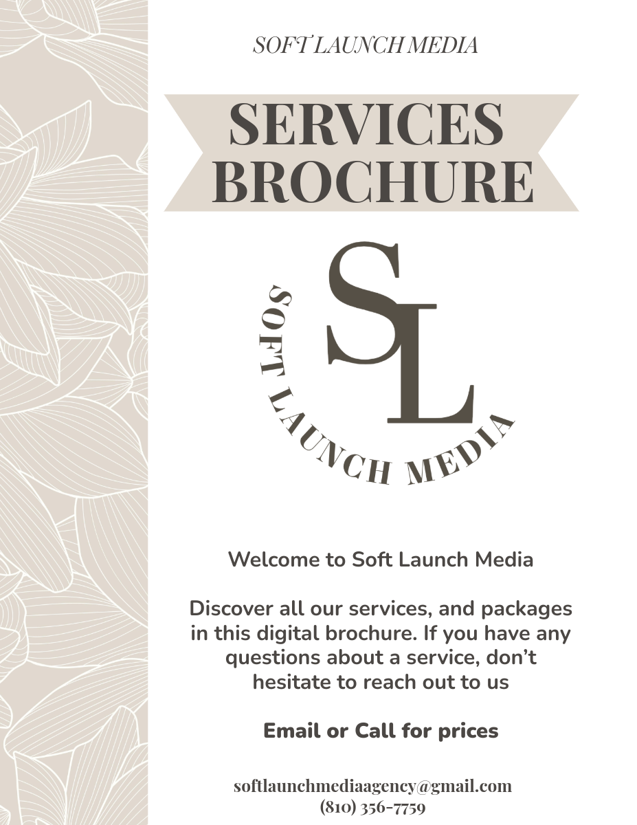 Design of a digital services brochure for Soft Launch Media featuring a beige floral pattern on the left side and black text on a white background with the title 'Services Brochure' and the company logo 'SL'.
