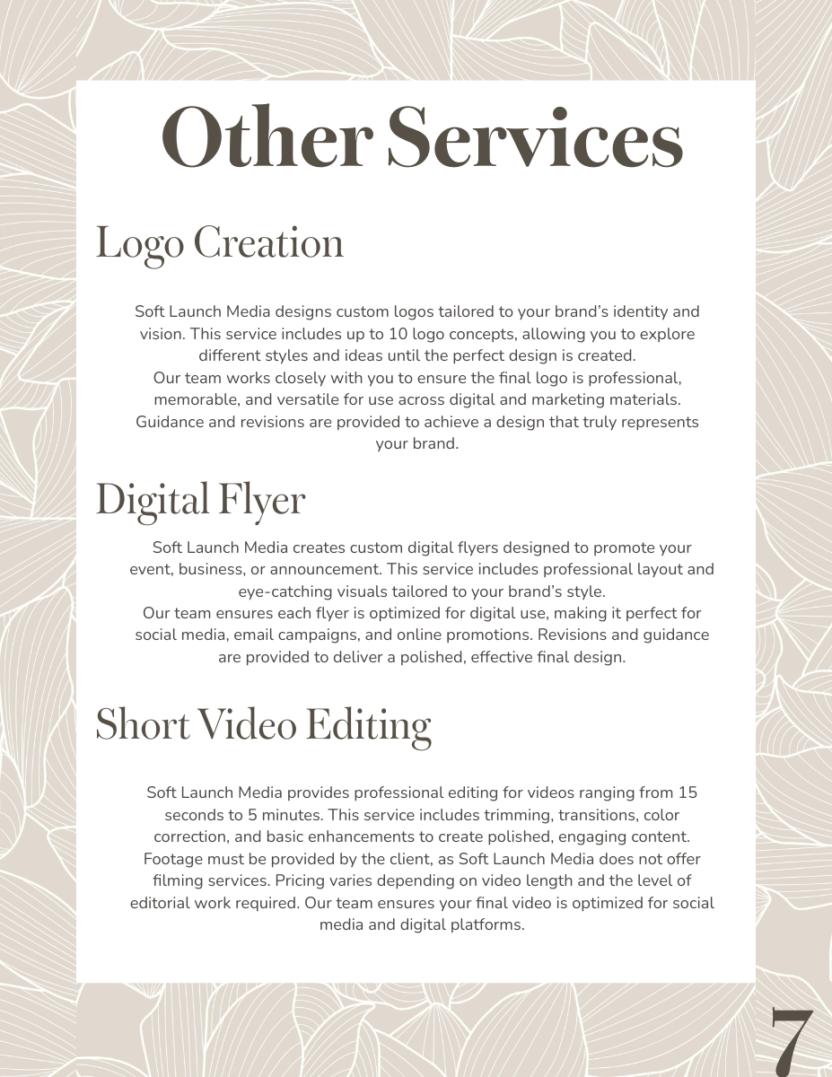 A flyer listing various graphic design and media services, including logo creation, digital flyers, and video editing, with pricing details.