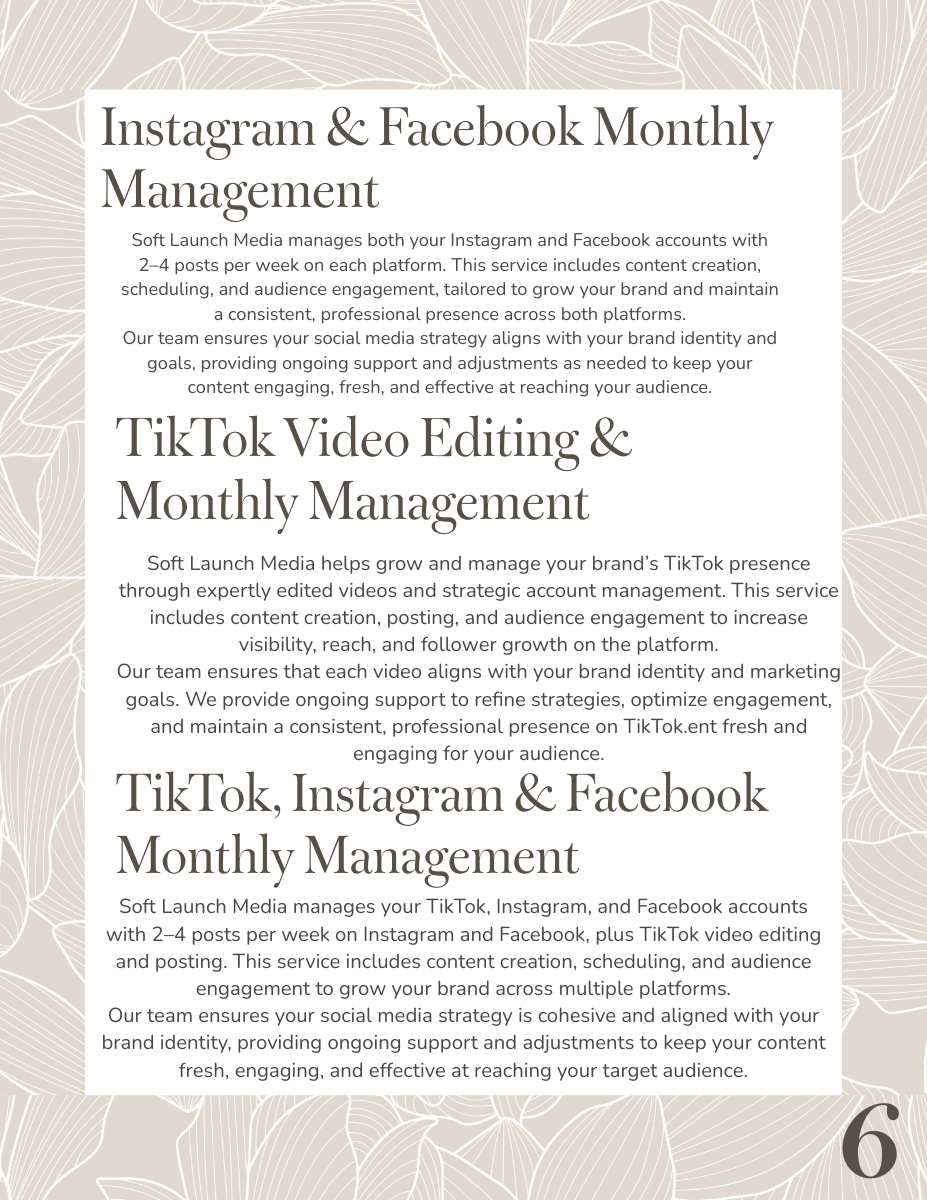 A promotional flyer for social media management services from Soft Launch Media, outlining packages for TikTok video editing, monthly management, and cross-platform content management, with details on pricing, services included, and support provided.