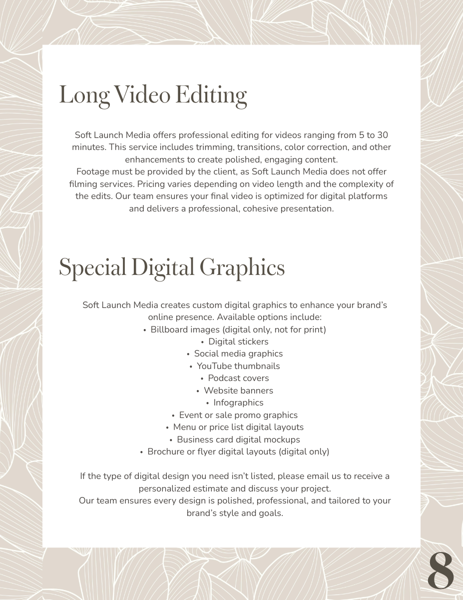 A promotional flyer from Soft Launch Media listing services for video editing starting at $25 and digital graphics starting at $10, with detailed descriptions of each service.