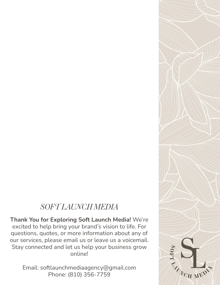 Business card for Soft Launch Media with a beige floral pattern on the right and contact information including email and phone number on the left.