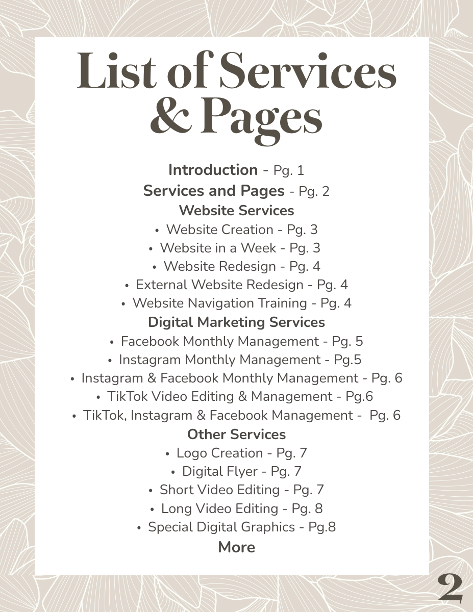 A cover page listing services and pages for a business, including sections for introduction, website services, digital marketing services, other services, and more, with page numbers.
