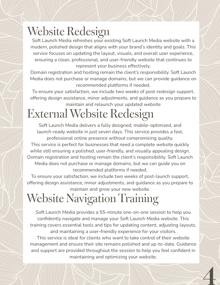 Pricing options for website services including relaunch, external redesign, and navigation training, with descriptions and prices for each service.