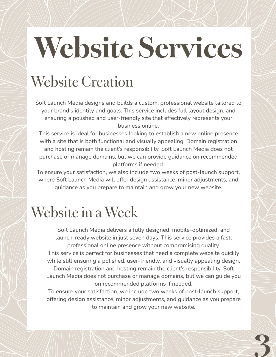 A webpage displaying website service pricing and details with a beige leaf pattern background. Title 'Website Services' with options for 'Website Creation' at $300 and 'Website in a Week' at $800, each with descriptions, features, and support information.