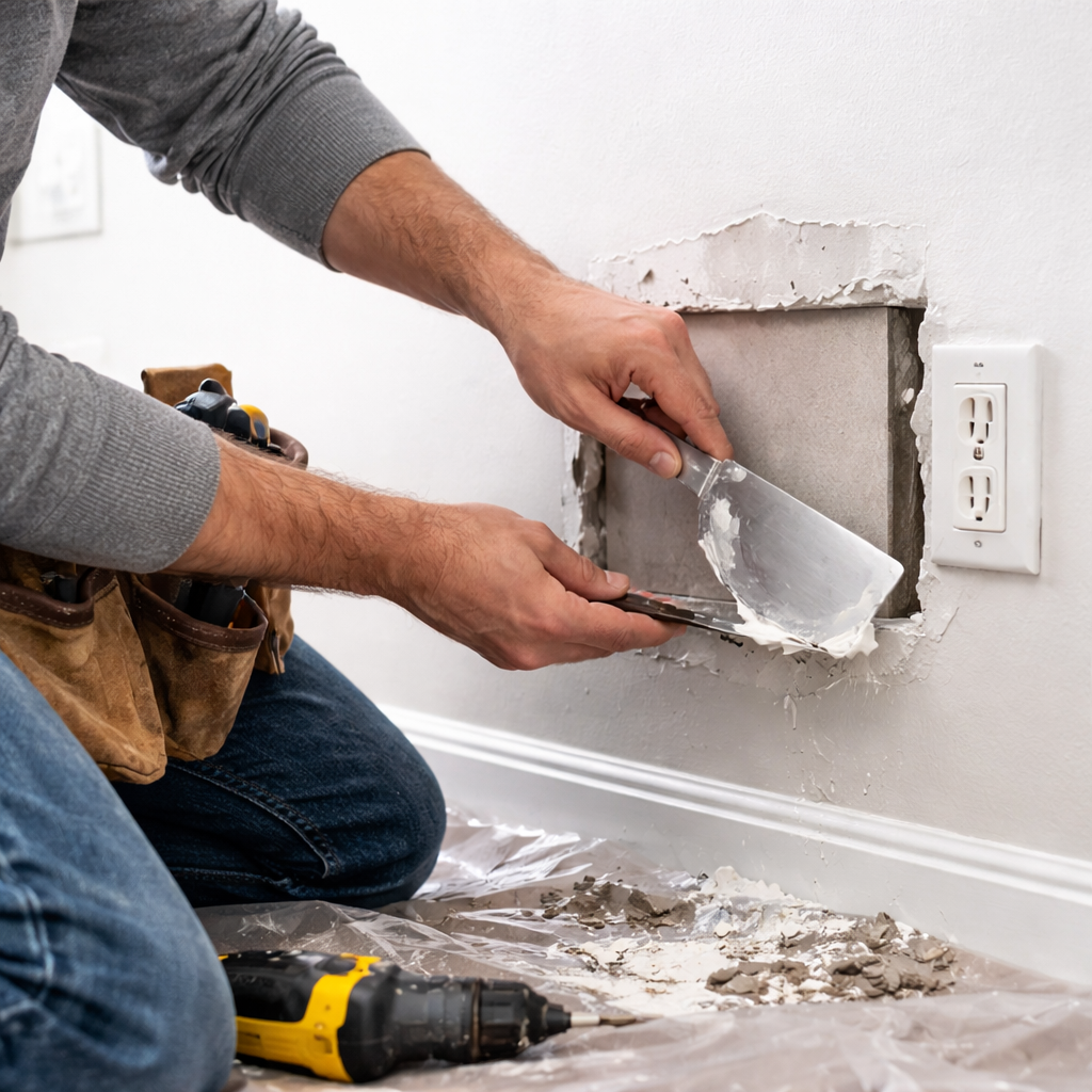 Contractor repairing damaged drywall with joint compound inside a home
