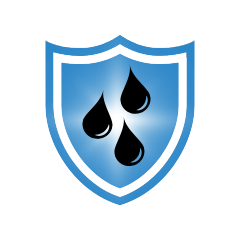 A shield with a blue gradient background and three black water droplets in the center.
