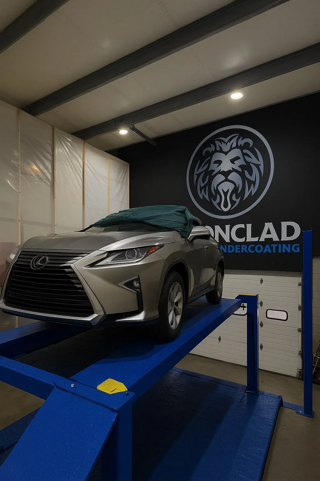 A Lexus SUV on a blue lift inside IRONCLAD Vehicle Undercoating's shop with a lion logo on the wall behind.