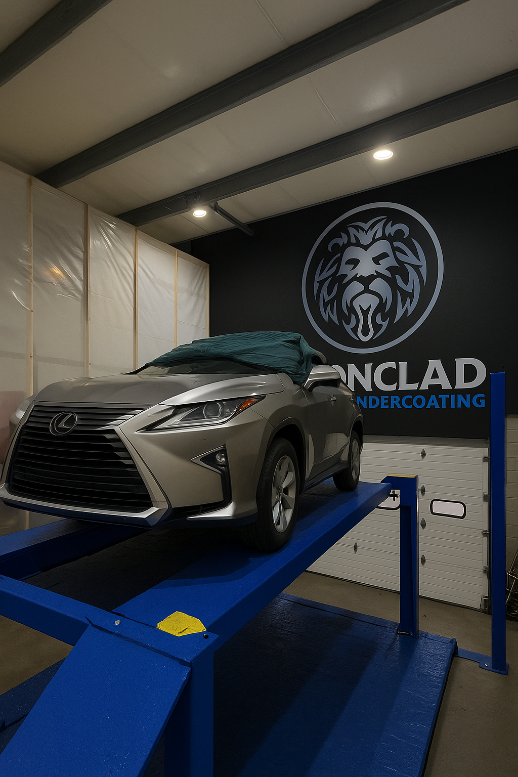 A silver Lexus SUV is positioned on a blue car lift inside a garage or workshop. A dark green cloth partially covers the vehicle's roof. Behind the car, a large black wall displays IRONCLAD Vehicle Undercoating's lion logo.