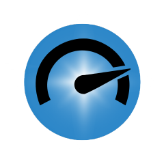 A blue speedometer with a black needle pointing toward the high end.