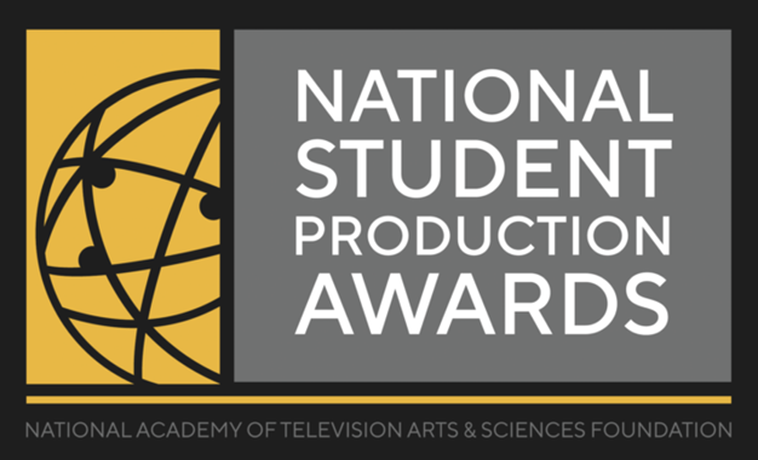 Logo for the National Student Production Awards by the National Academy of Television Arts & Sciences Foundation, featuring a stylized globe and text on a gray background.