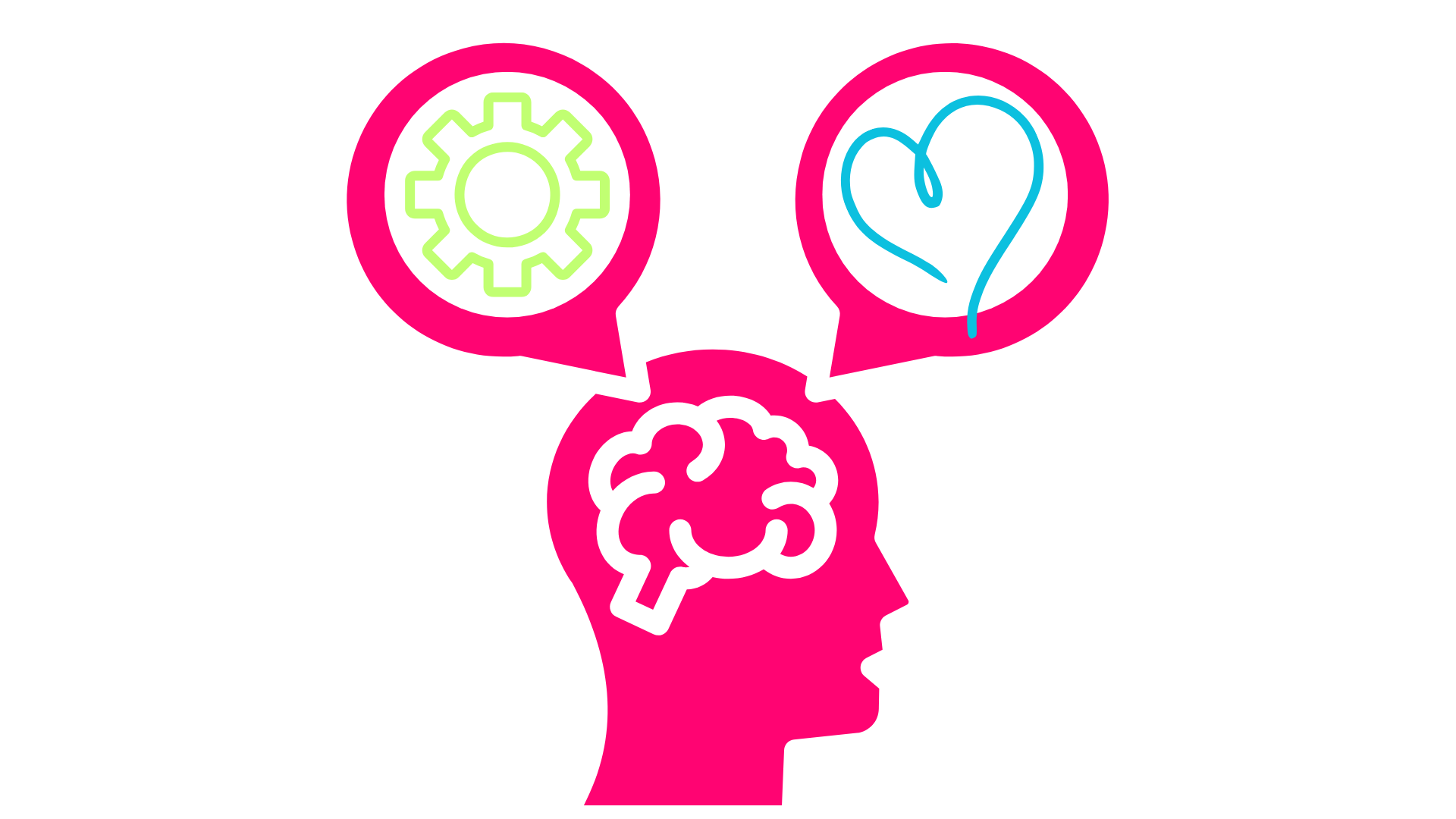 A pink silhouette of a human head with a brain and three speech bubbles above, containing a gear, a heart, and a brain icon, representing thinking, emotion, and cognition.