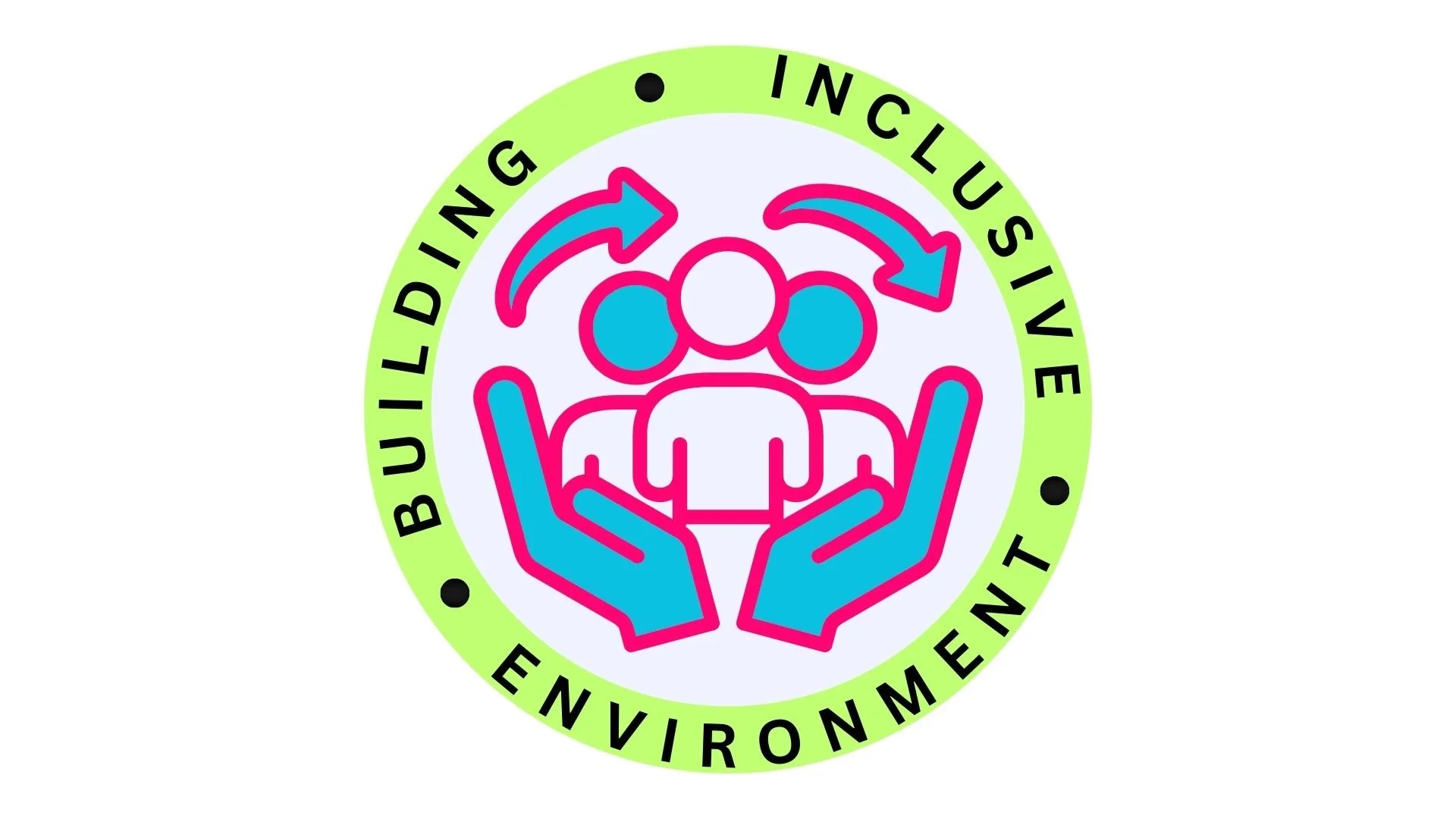 A circular logo with a green border containing the text 'BUILDING INCLUSIVE ENVIRONMENT' in black. Inside, there is an illustration of multiple blue human figures with outlines, surrounded by two blue hands, with pink arrows indicating interaction or inclusion.
