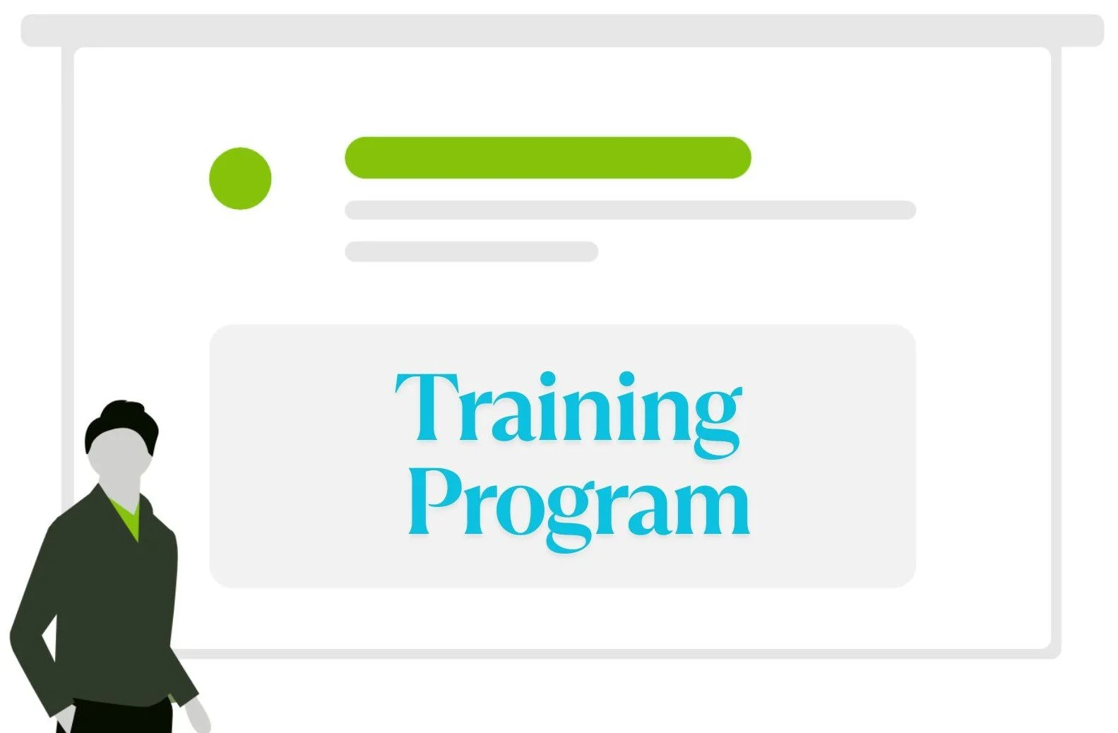 Graphic showing a person in business attire on the left and a computer screen in the background displaying 'Training Program' in blue text.