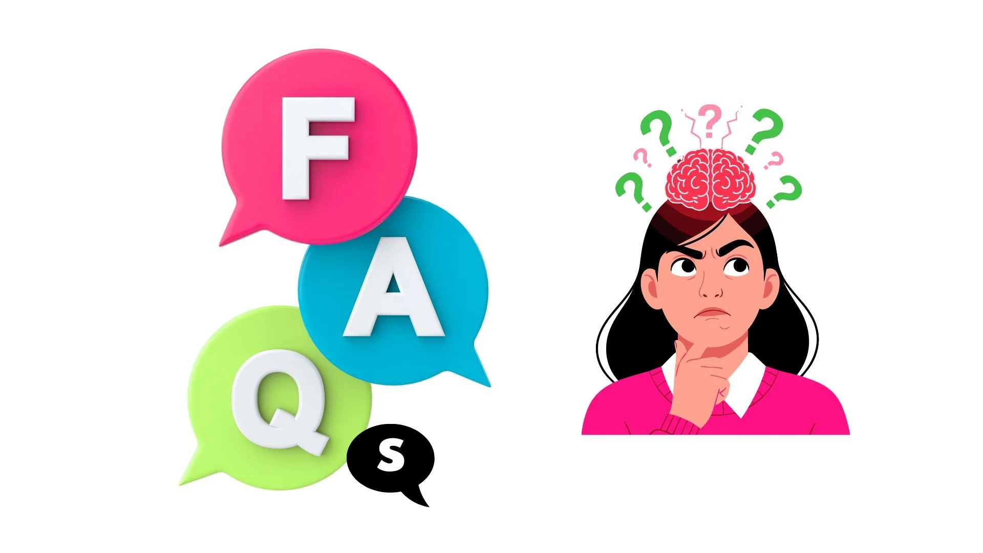 A colorful illustration of speech bubbles with the letters F, Q, A, and S on the left, and a woman with dark hair and a puzzled expression, with her head open and a brain illustration surrounded by green question marks above her head on the right.