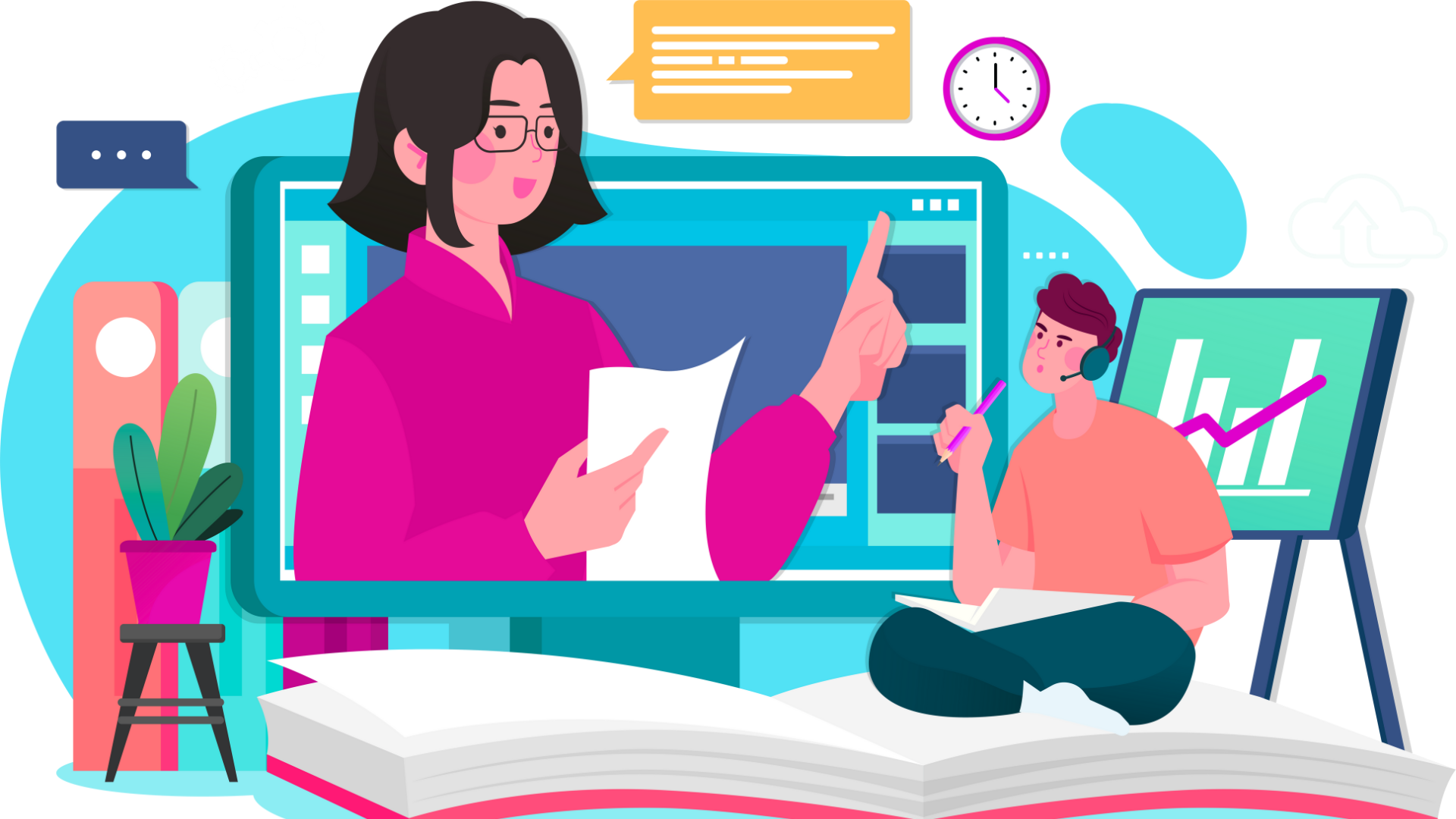 Digital illustration of a woman and a boy in a virtual learning environment. The woman appears on a large computer screen, holding a paper and gesturing with her index finger, while the boy, sitting cross-legged on a large open book, wears headphones with a microphone and holds a pen and notebook. Background elements include a clock, a chart with an upward trend, a potted plant, and bookshelves.