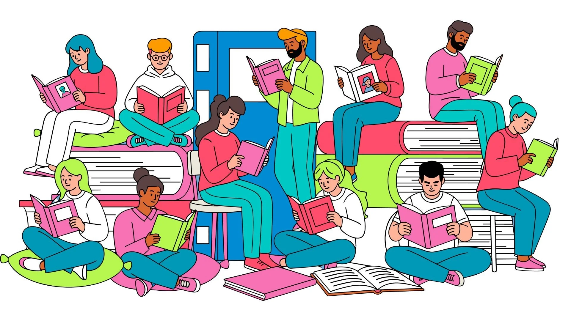 A colorful illustration of diverse people reading books on and around oversized books and cushions, with a blue bookshelf in the background.