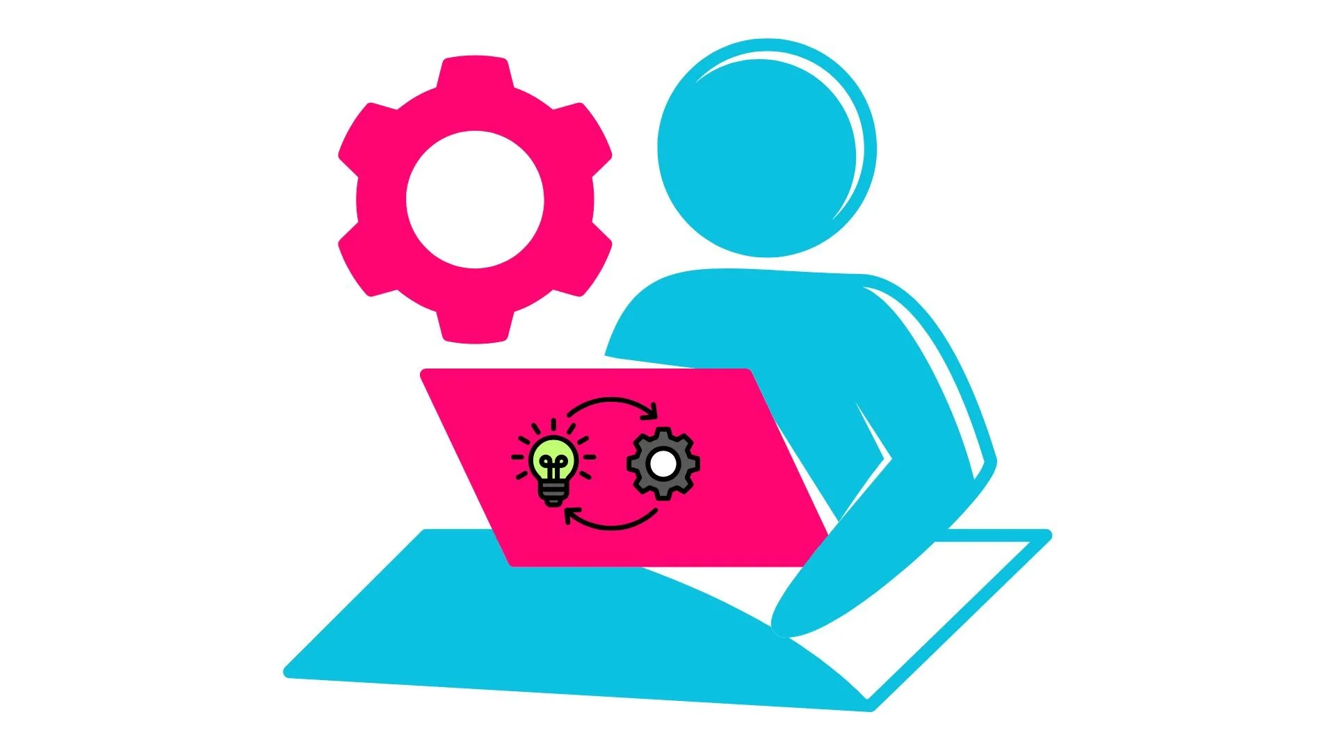 A stylized illustration of a person working on a laptop. The person is blue with no facial features. The laptop is pink with icons of a light bulb and gear, indicating idea development and process. There is a pink gear above the person’s head, symbolizing settings or engineering.