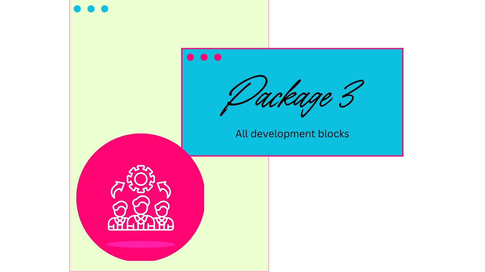 Graphic with a blue rectangle that says 'Package 3, All development blocks' over a pastel background, a pink circle with white icon of three people with a gear and arrows beneath, and three small blue dots at the top left corner.