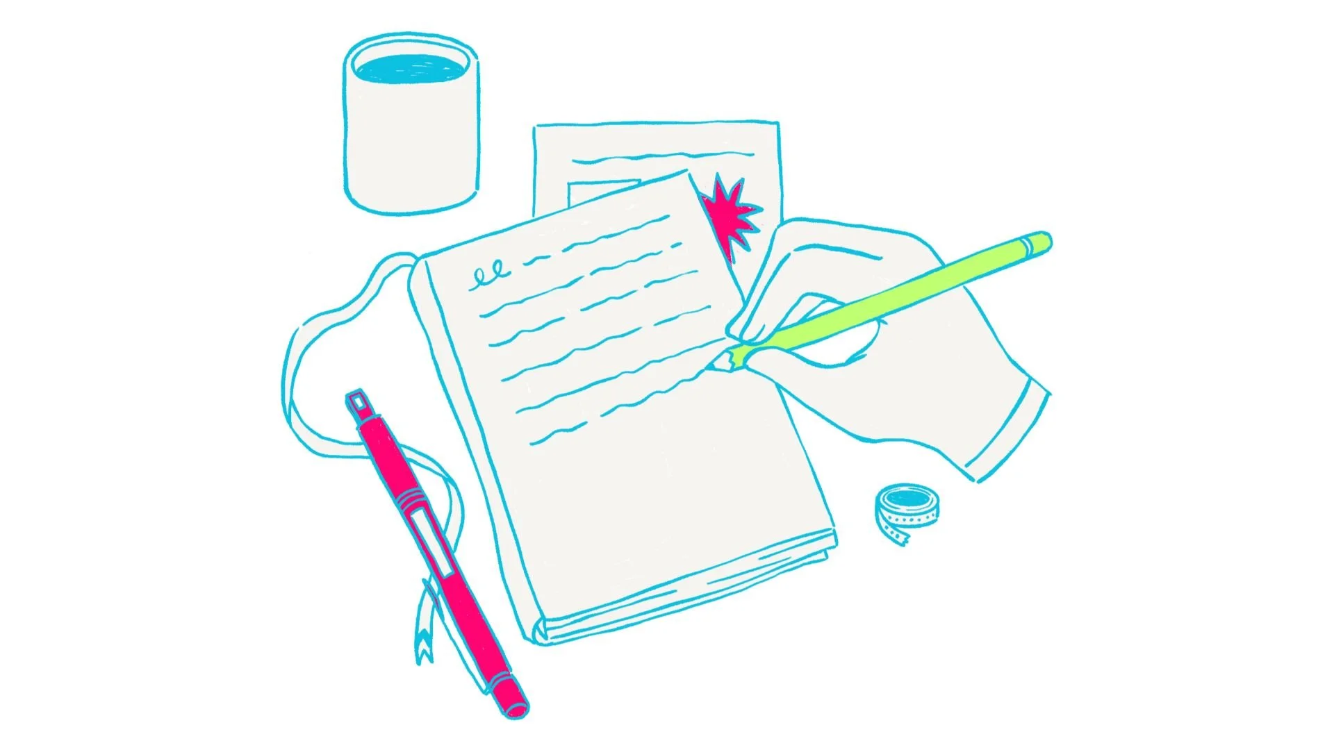 Illustration of a hand writing in a notebook with a yellow pen, surrounded by a red pen, a cup, a wristband, and loose papers.