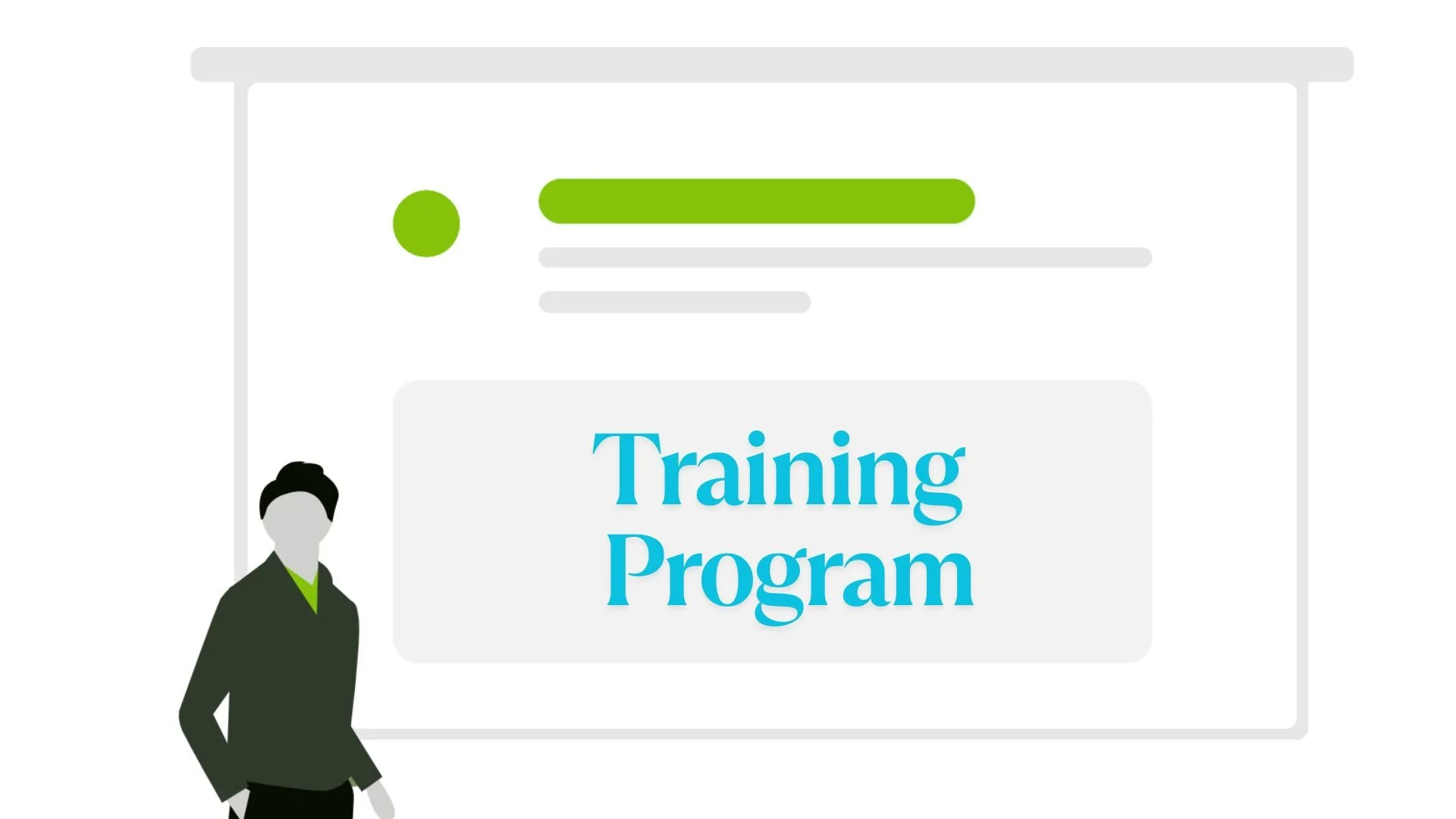 An illustration of a training program website with a person silhouette on the left, a large banner that says 'Training Program' in blue text, and various graphical elements in green, gray, and black.