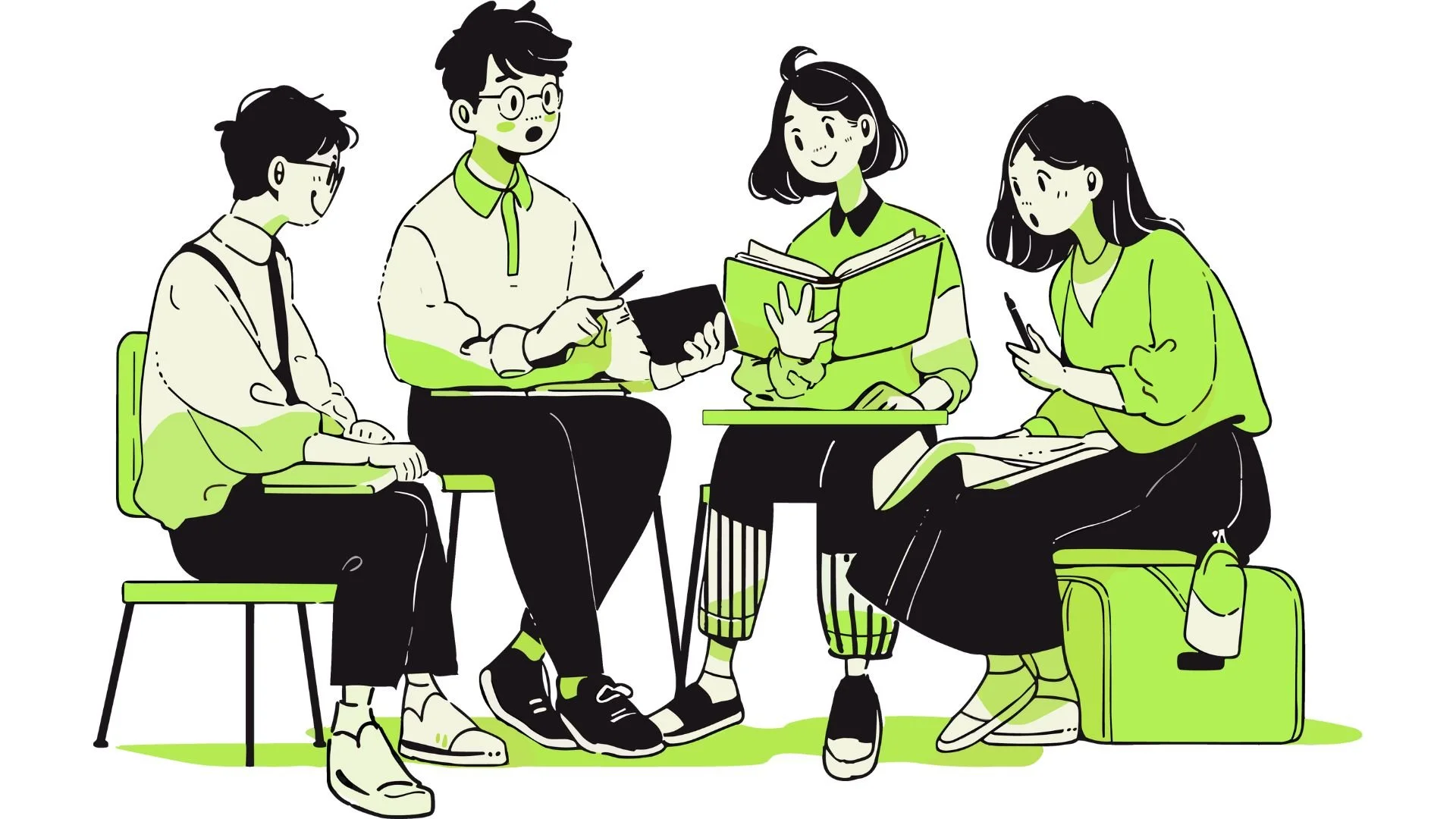 Illustration of four young students sitting and talking, with notebooks and books, dressed casually, some with backpacks.