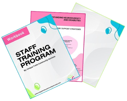 Staff Training Program workbook and supporting documents with colorful headers.