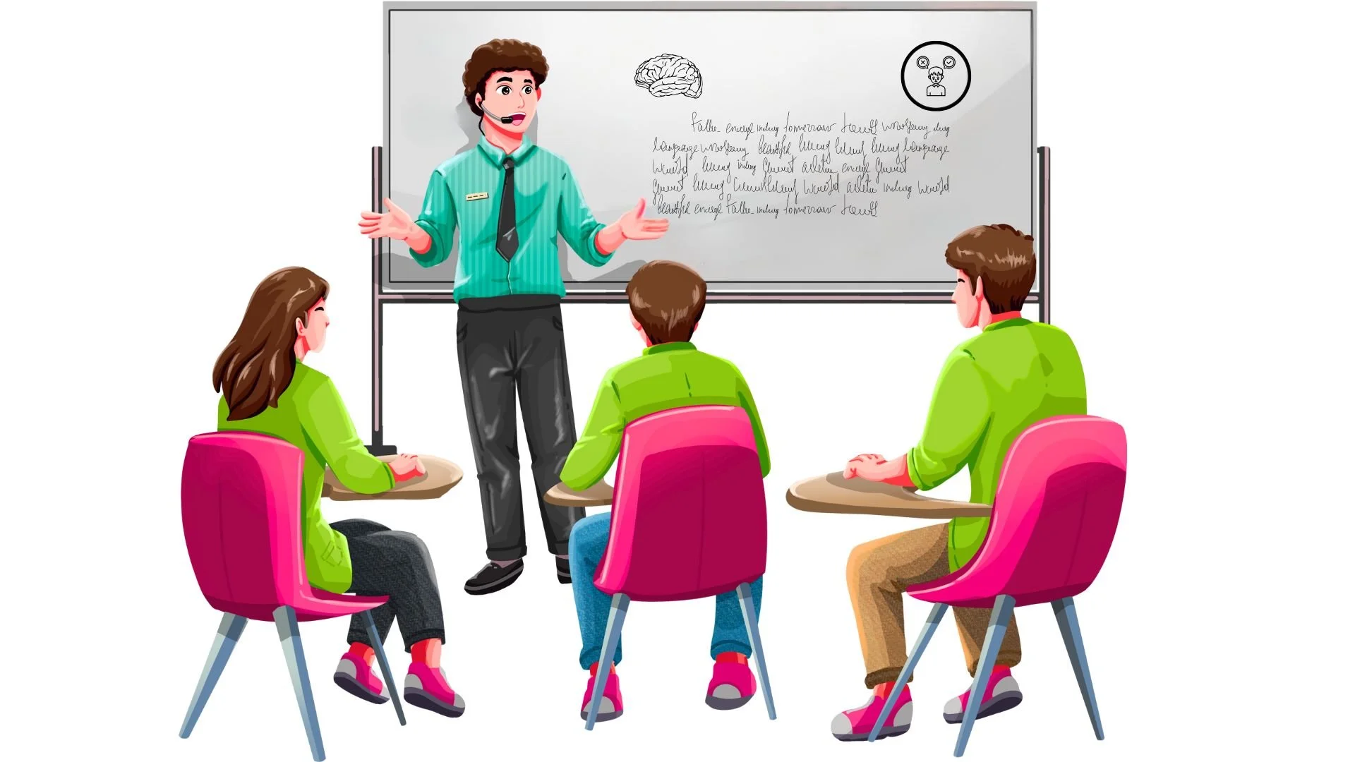 A teacher standing in front of a classroom whiteboard with three students seated and listening. The teacher is wearing a teal shirt, black tie, black pants, and a headset microphone. The whiteboard has a drawing of a brain, some handwritten text, and a small illustration of a person with glasses.