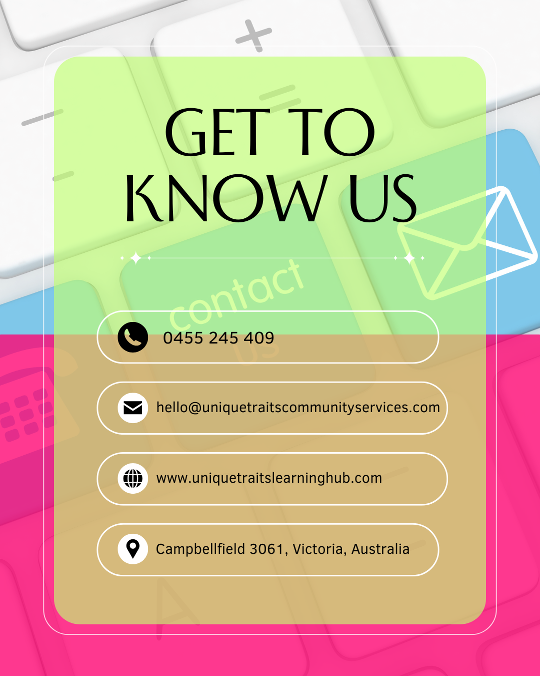 Contact information overlay on colorful keyboard background, including phone number, email, website, and physical address.