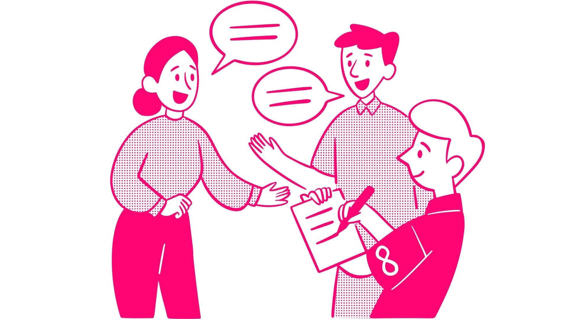 Illustration of a woman smiling and talking with a man who is also smiling, and a woman taking notes on a clipboard, engaging in a discussion or interview.