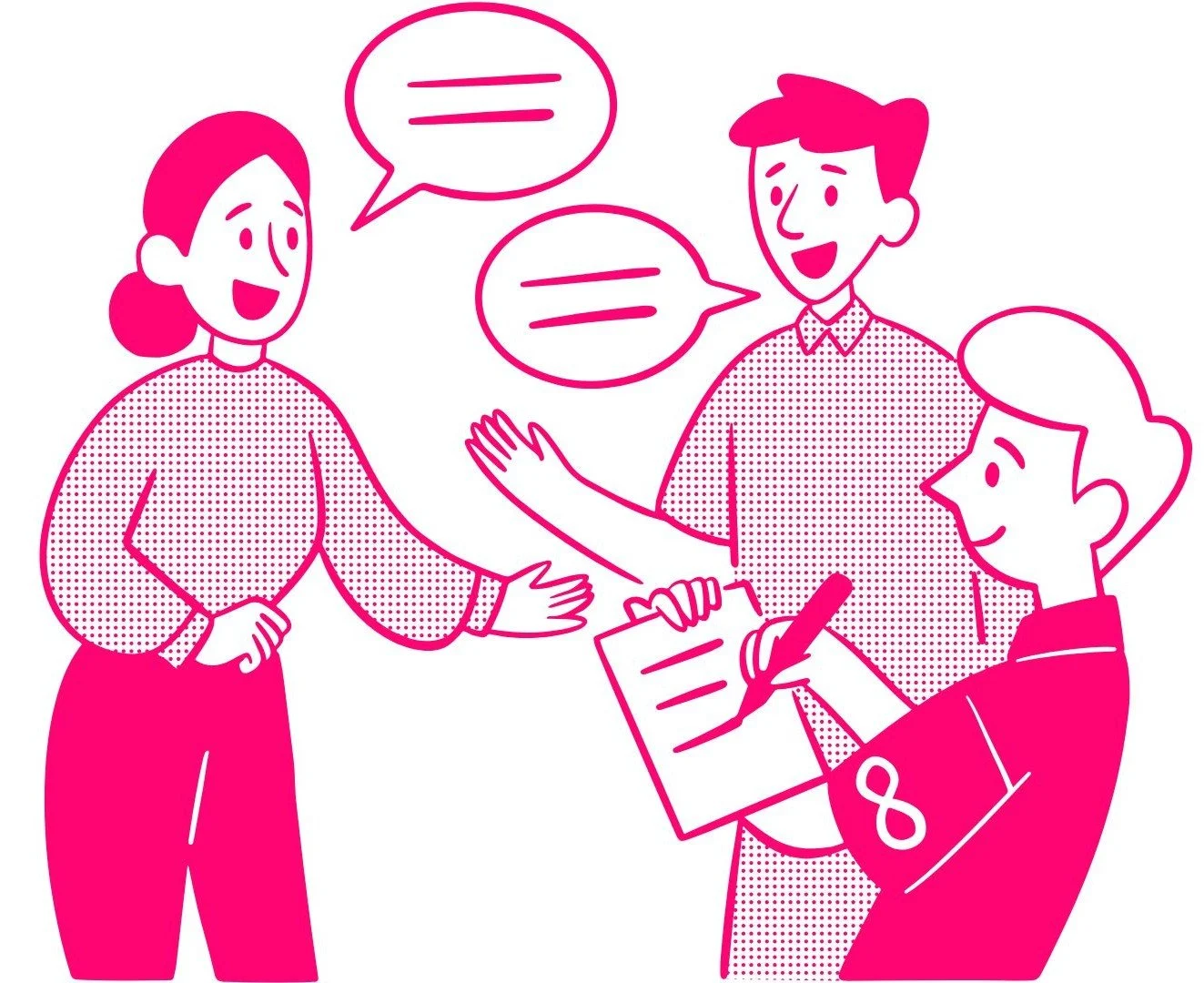 Illustration of four people engaged in a conversation, with speech bubbles, with one person taking notes on a notepad.